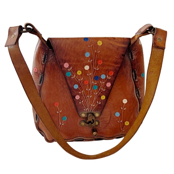 Vintage Hand Painted & Embossed Leather Boho Hippie Bag - Picture 1 of 13